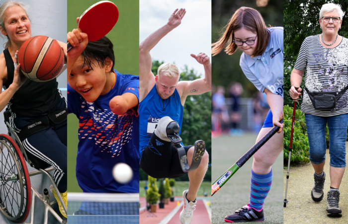 Een collage van verschillende sporten voor mensen met een lichamelijke beperking