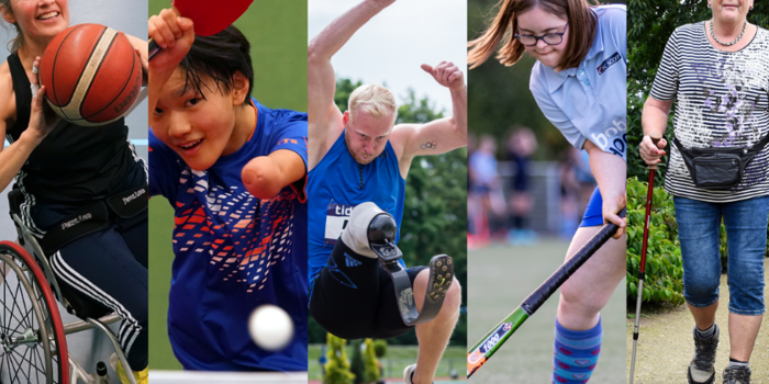 Een collage van verschillende sporten voor mensen met een lichamelijke beperking