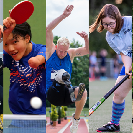 Een collage van verschillende sporten voor mensen met een lichamelijke beperking